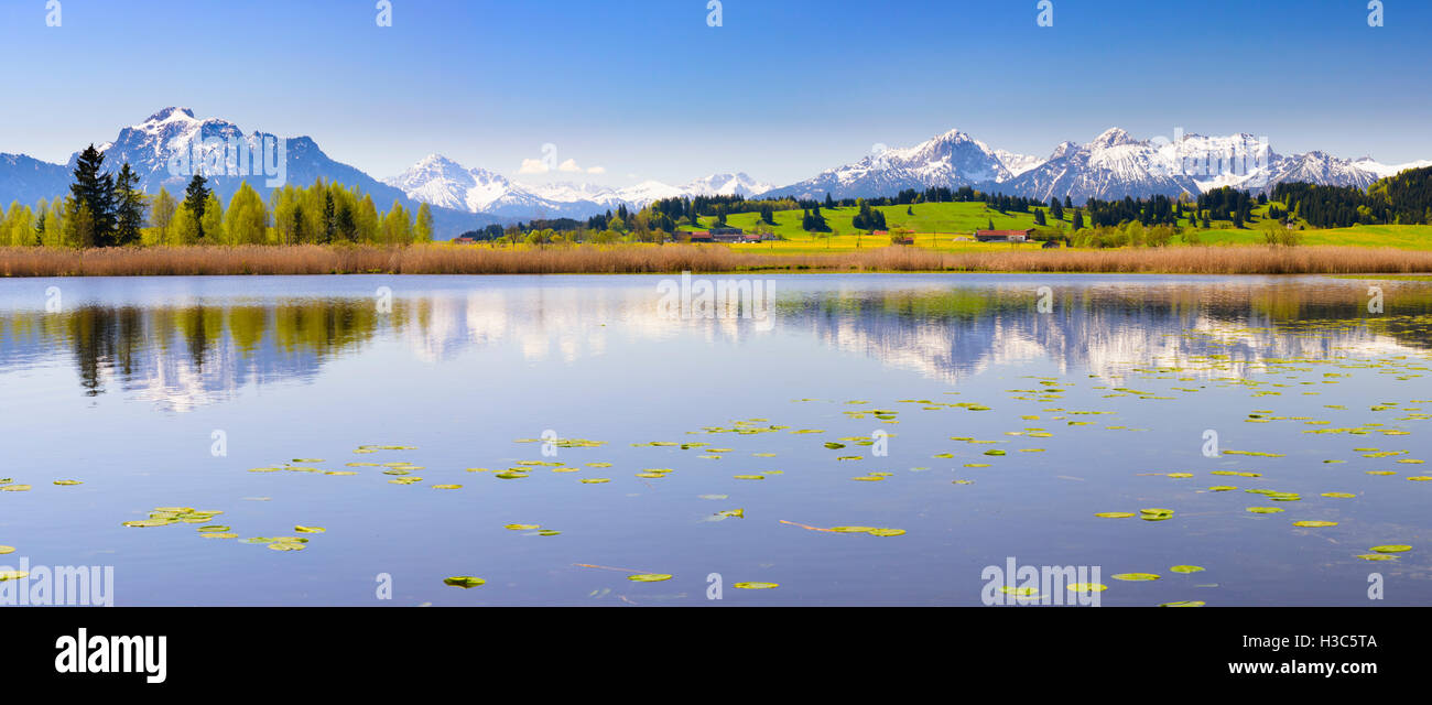Ampio panorama del paesaggio in Baviera con montagne delle Alpi e del lago Foto Stock
