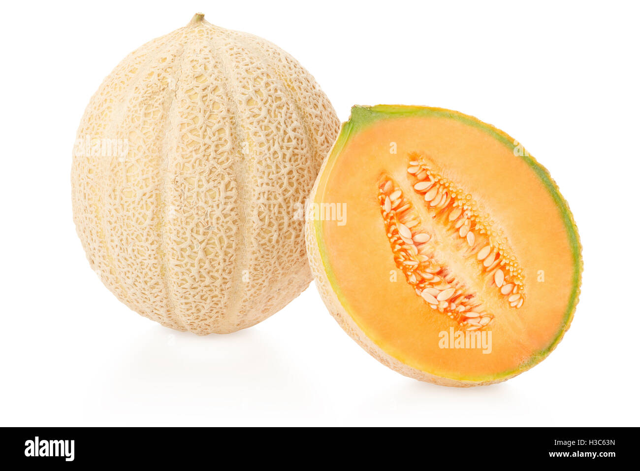 Il melone Cantalupo e la sezione su bianco, tracciato di ritaglio Foto Stock