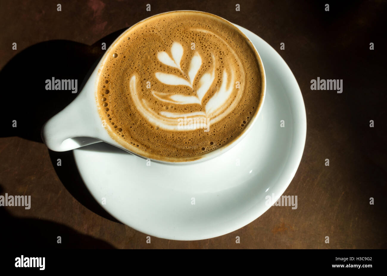 Il Cappuccino in una tazza bianca con una foglia di felce illustrazione in schiuma Foto Stock