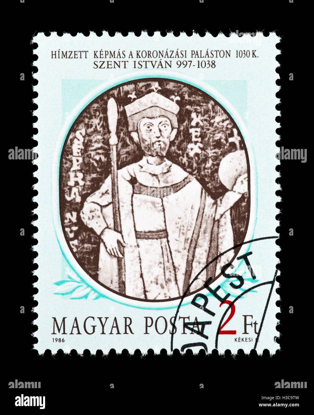 Francobollo da Ungheria raffiguranti San Steven, inizio re ungherese nella storica galleria di ritratti. Foto Stock