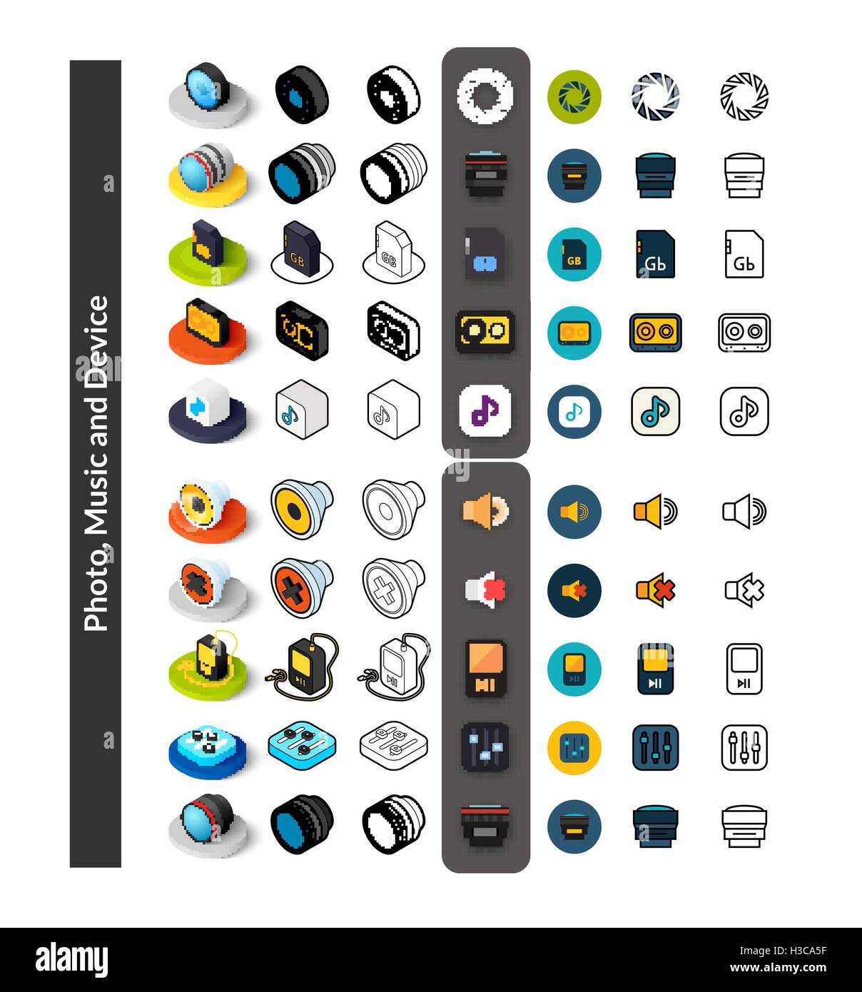 Set di icone in stile differente - isometrica e piatto otline, colorate e le versioni di colore nero Illustrazione Vettoriale