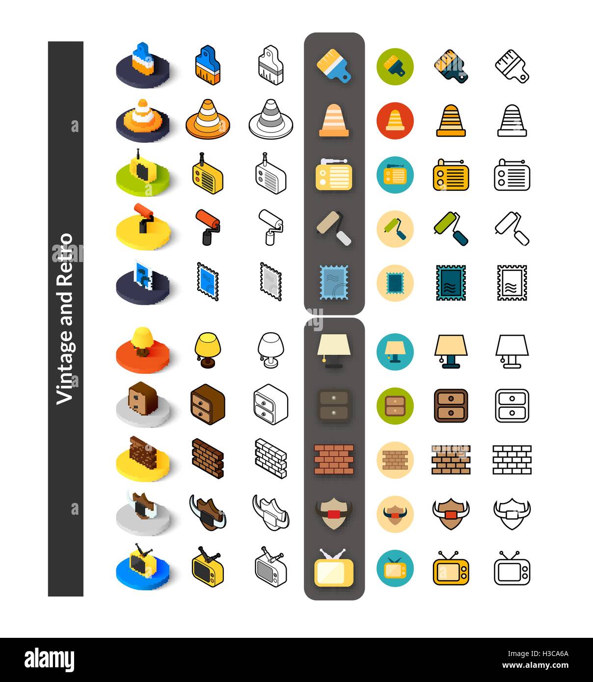 Set di icone in stile differente - isometrica e piatto otline, colorate e le versioni di colore nero Illustrazione Vettoriale