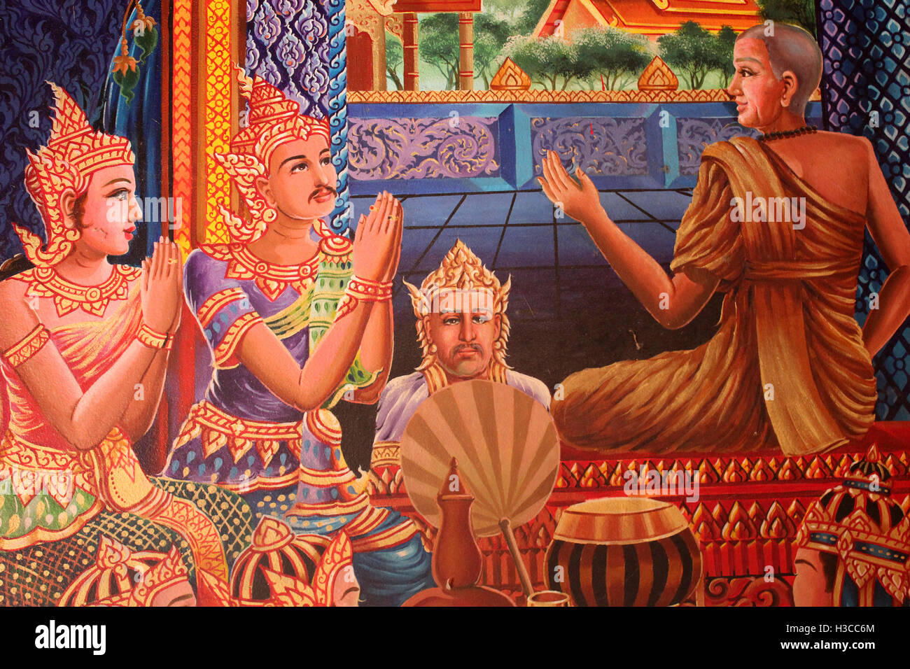 Parte del murale raffigurante la storia di come il Wat Phra That Doi Suthep Temple ha iniziato Foto Stock