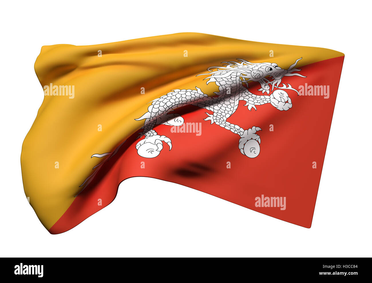 3D rendering del Regno del Bhutan bandiera sventola su sfondo bianco Foto Stock