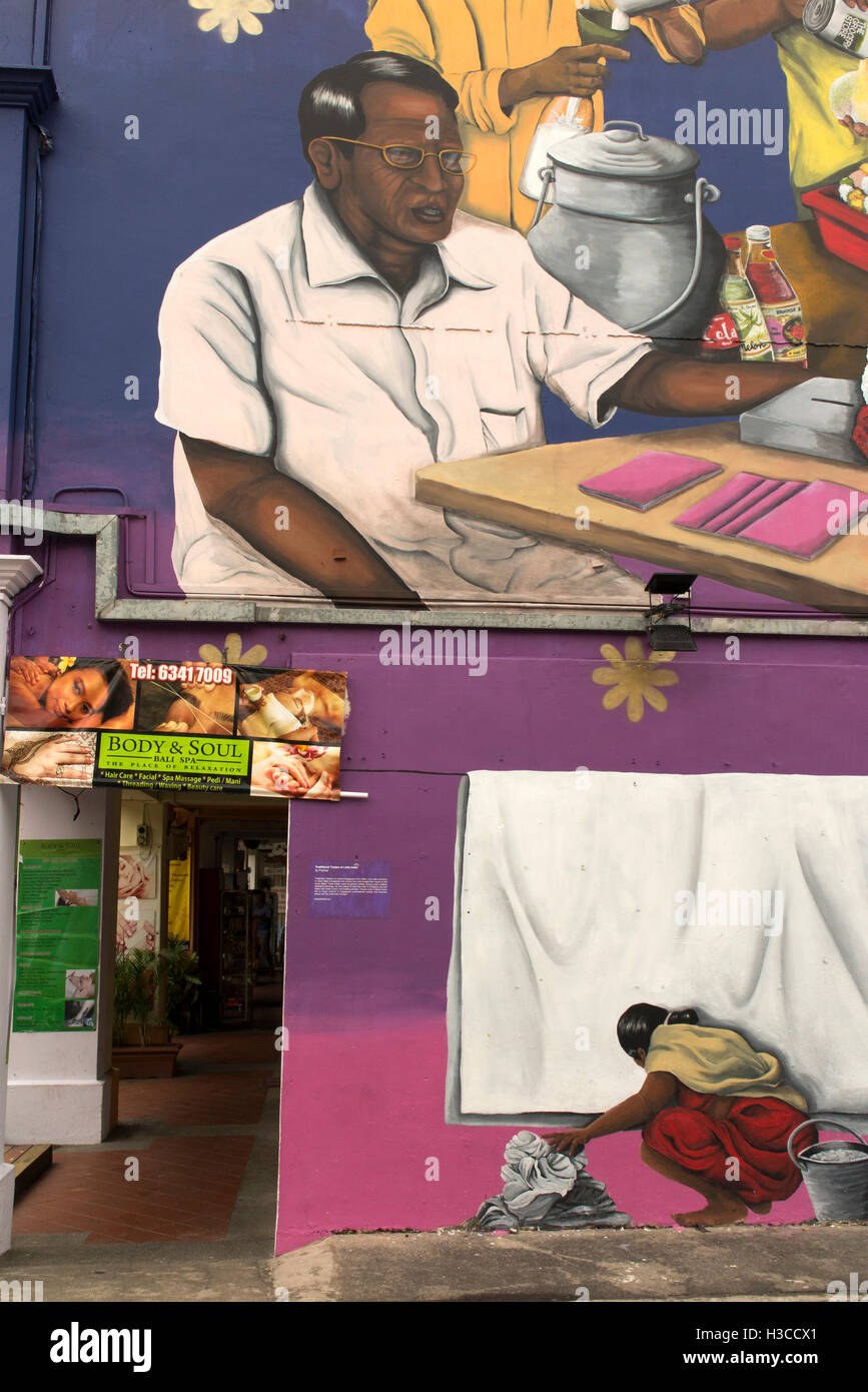 Singapore, Little India, Belilios Lane, grande 'i mestieri tradizionali di Singapore", scene di strada carta murale da psyfool Foto Stock