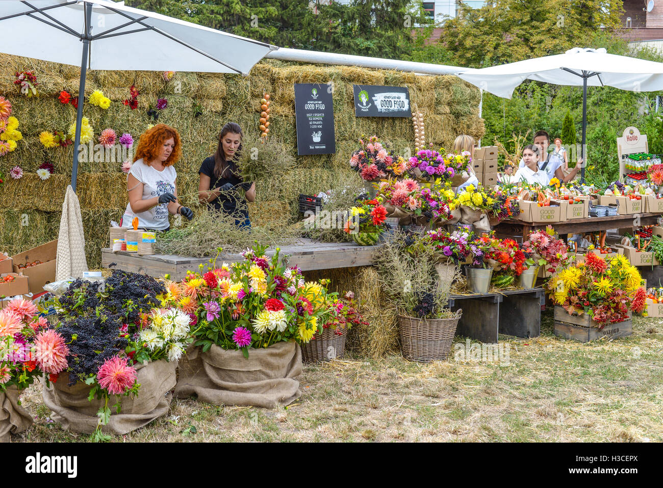 I produttori locali presentato al mercato degli agricoltori del buon cibo, verdure, erbe e bacche, miele, ecc. Foto Stock