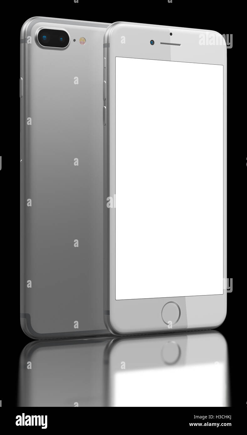 SmartPhone Silver Plus con doppia fotocamera foto su sfondo nero. Dispositivi la visualizzazione di una schermata vuota. Foto Stock
