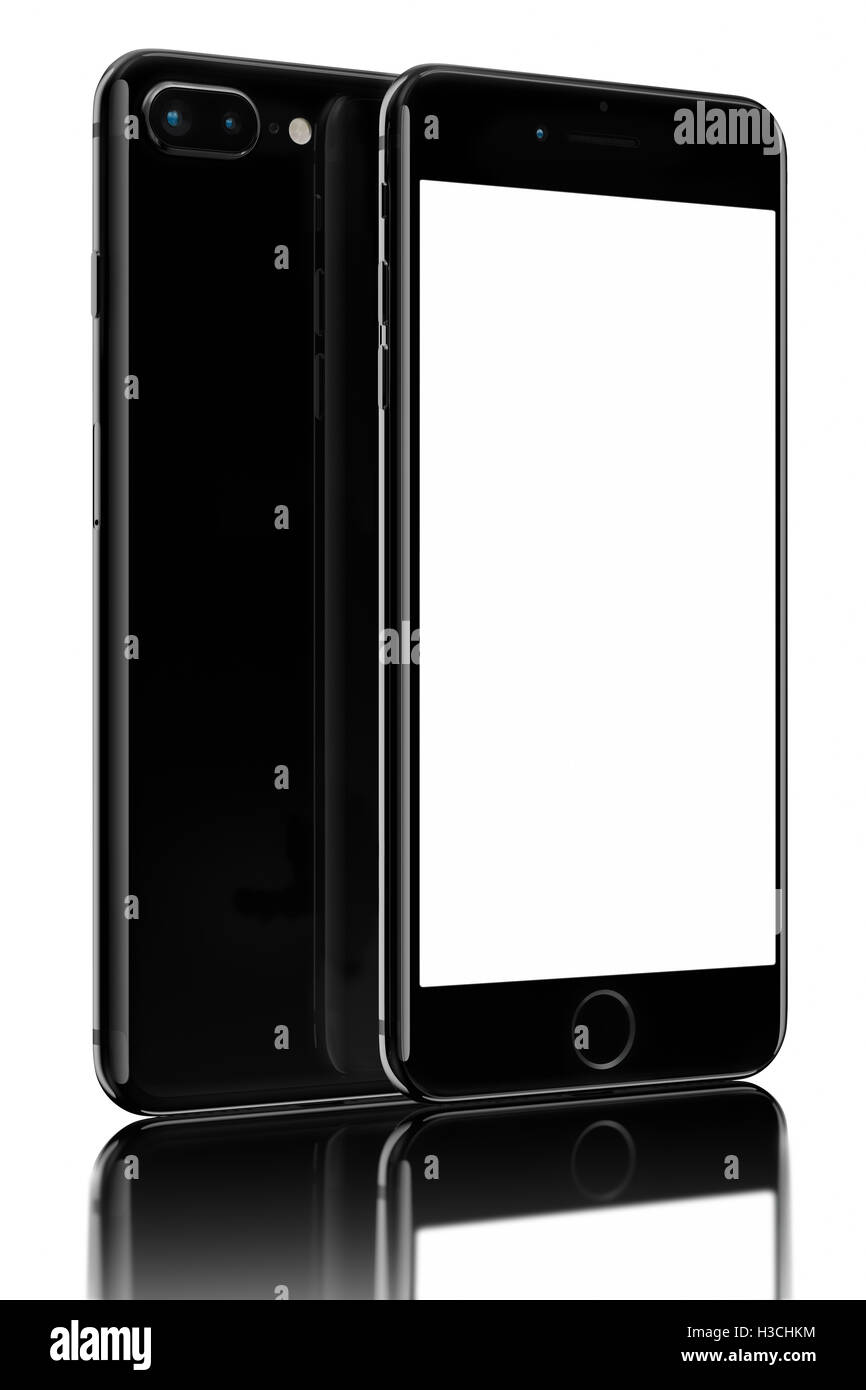 Jet Black SmartPhone più con doppio foto fotocamera su sfondo nero. Dispositivi la visualizzazione di una schermata vuota. Foto Stock