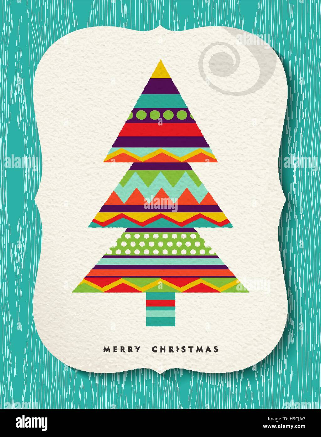 Colorata Merry Christmas greeting card design divertente con colori vibranti xmas pino fatta di forme geometriche. EPS vettore10 Illustrazione Vettoriale