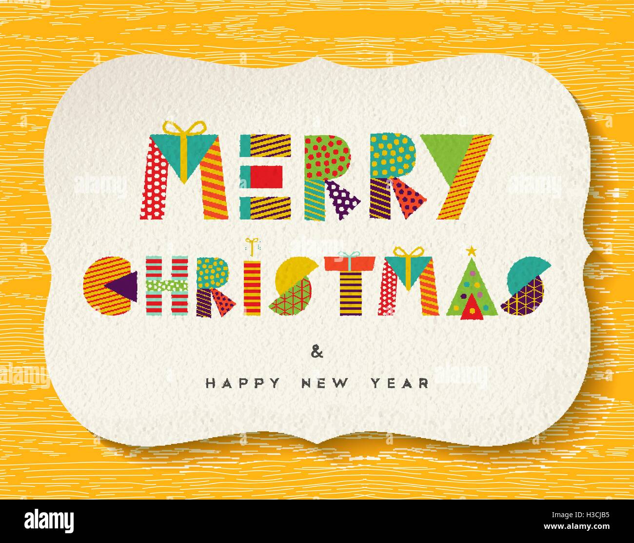 Buon Natale e Felice Anno Nuovo biglietto di auguri design, preventivo di vacanza con divertimento colori vibranti realizzati in geometriche forme di natale. Illustrazione Vettoriale