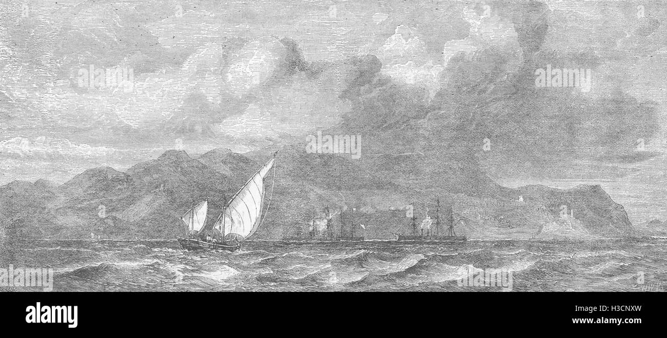 Gibilterra H M S Agincourt arenarsi su La Perla Rock 1871. Il Illustrated London News Foto Stock