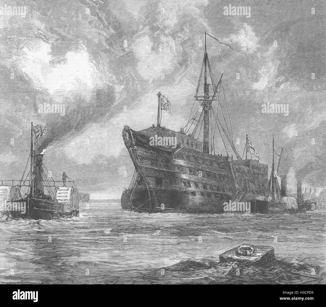 Le navi di trainare il Dreadnought nave ospedale al suo ultimo posto di ormeggio 1872. Il Illustrated London News Foto Stock