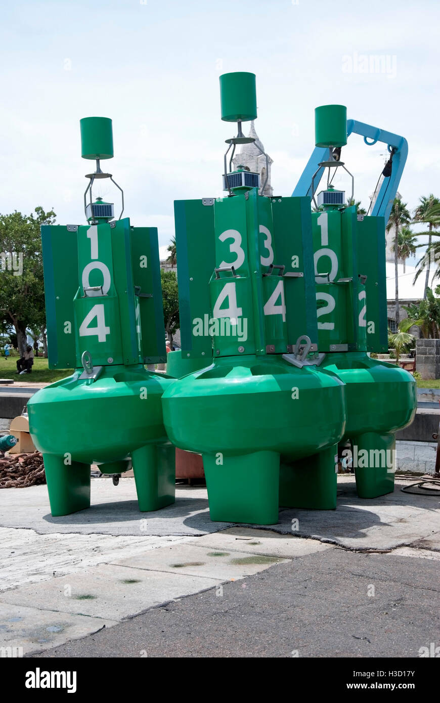 Three Green Navigation Buoys Foto Stock