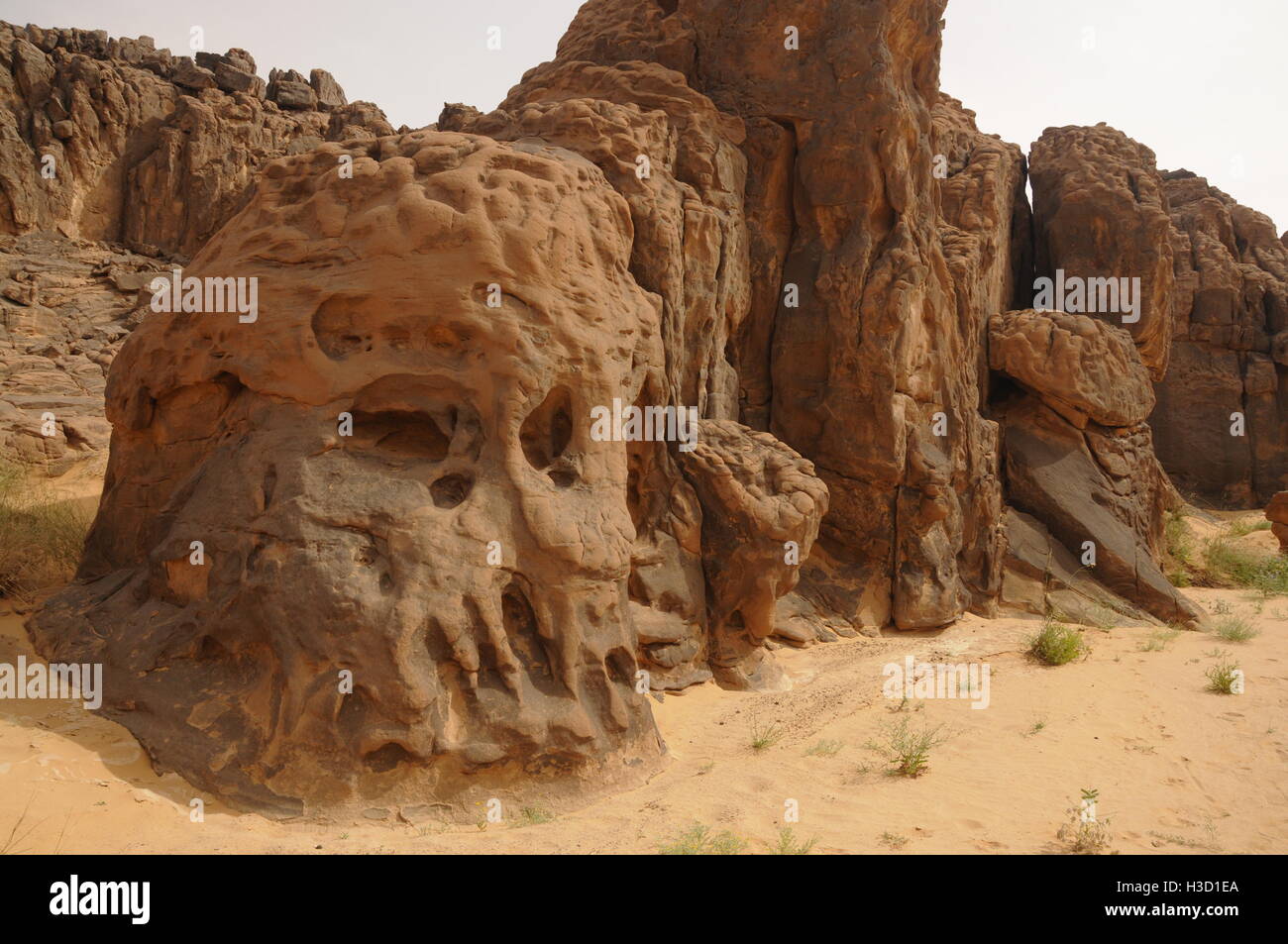 Formazione di roccia denominata "Skull' all'ingresso del misterioso Wadi Magat Gat regione del deserto del Sahara, Libia, Africa Foto Stock