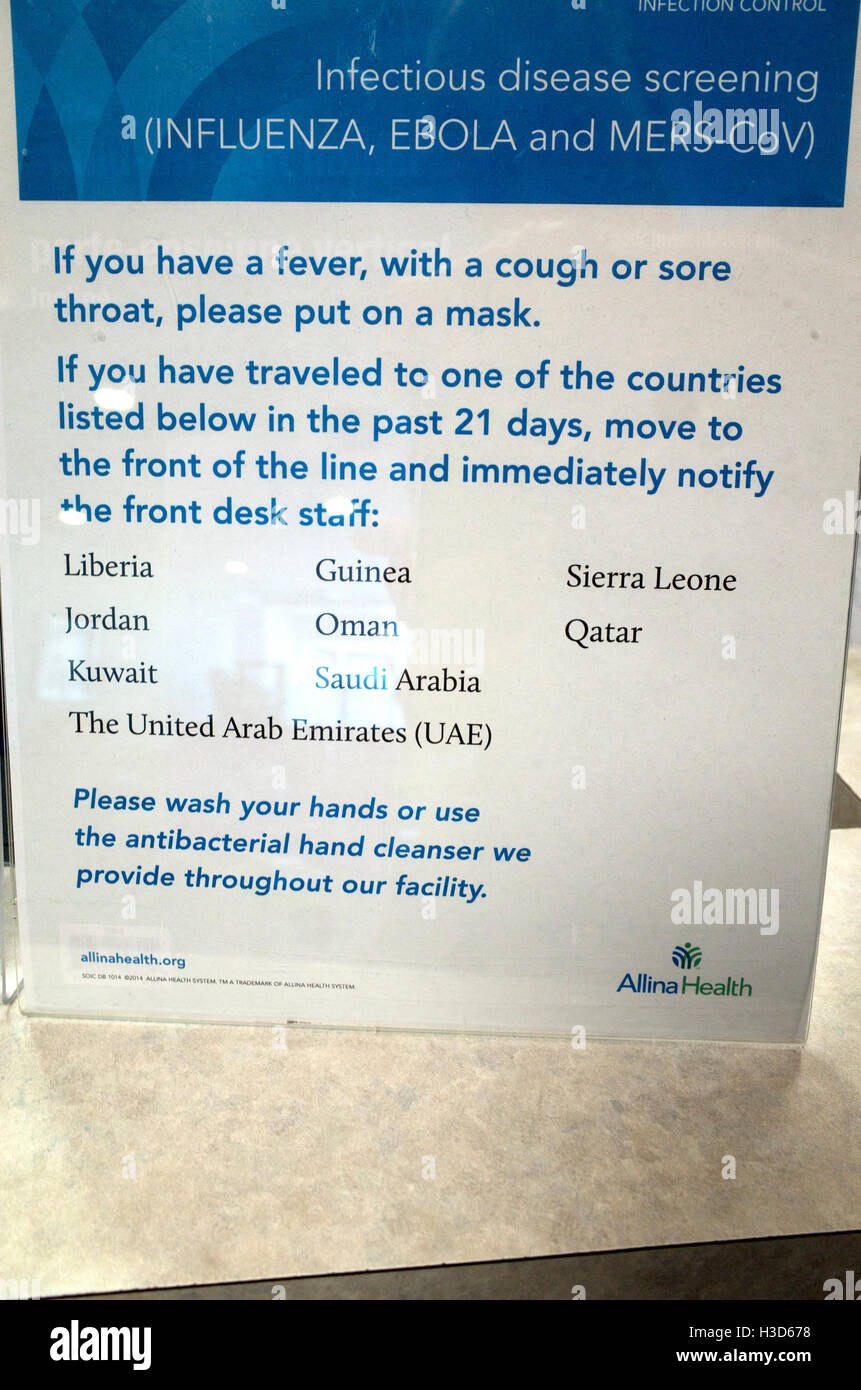 Elenco dei paesi di avvertimento per l'influenza, virus di Ebola & Mers-CoV malattie infettive. Informa e lavarsi le mani. Minneapolis Minnesota MN USA Foto Stock