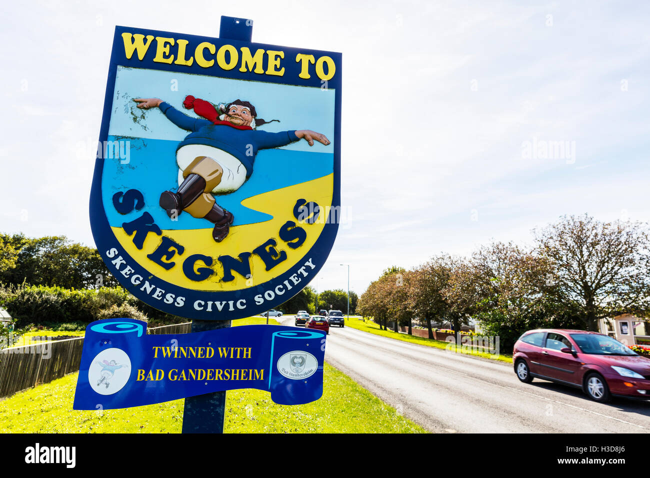 Skegness Town Lincolnshire GB REGNO UNITO Inghilterra benvenuto firmare Skegness segno cartello stradale entrando in città Skegness Foto Stock