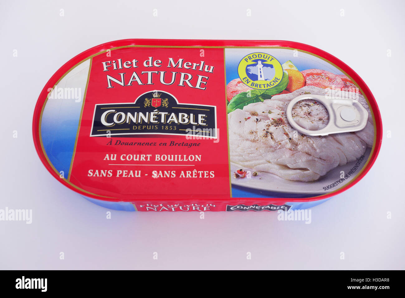 Stagno francese di nasello filetto in court bouillon (Bretagna marca) Foto Stock