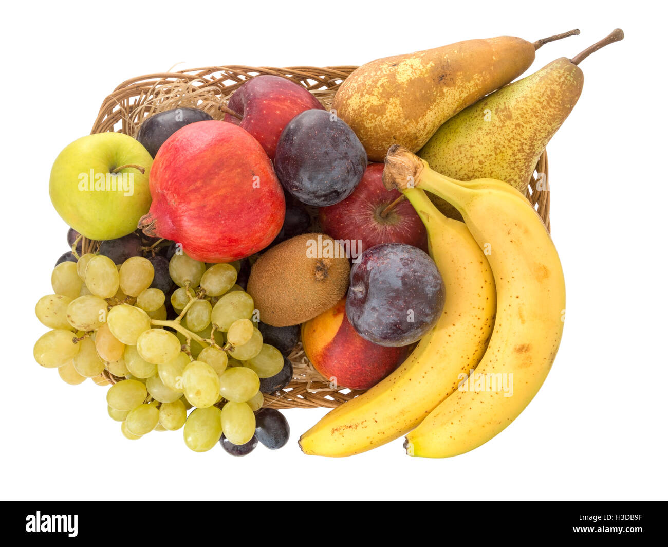 Vista aerea. Cesto di frutta isolato su bianco. Foto Stock