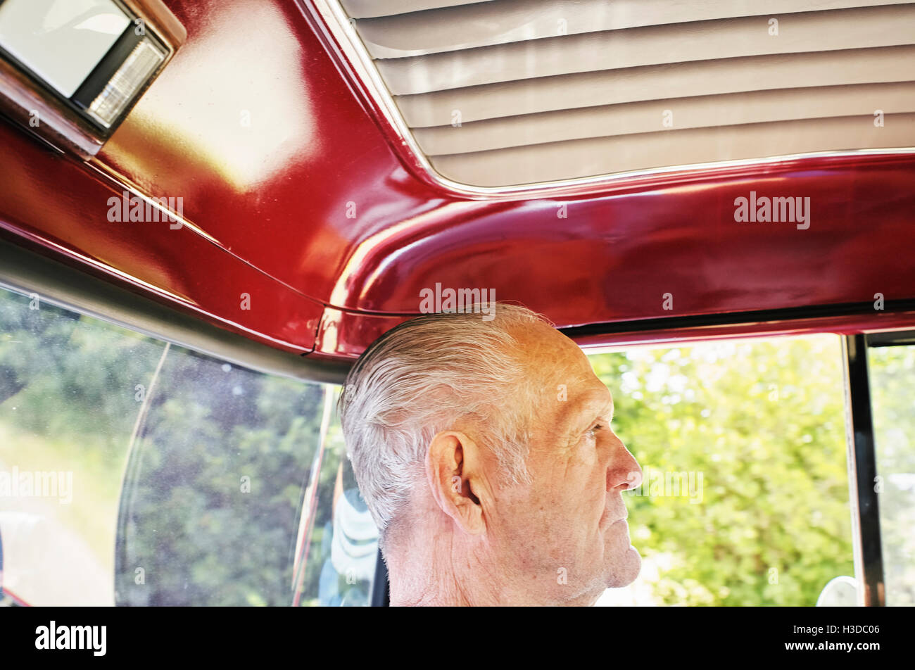 Profilo di un anziano uomo seduto all'interno di un'auto. Foto Stock
