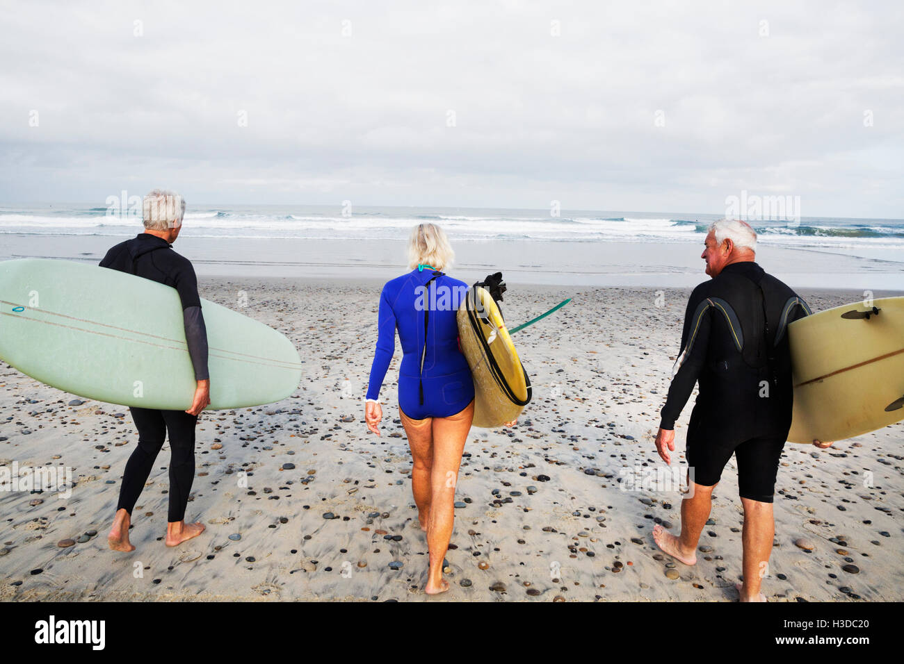 Donna Senior e due alti uomini su una spiaggia, indossa una muta e il trasporto di tavole da surf. Foto Stock