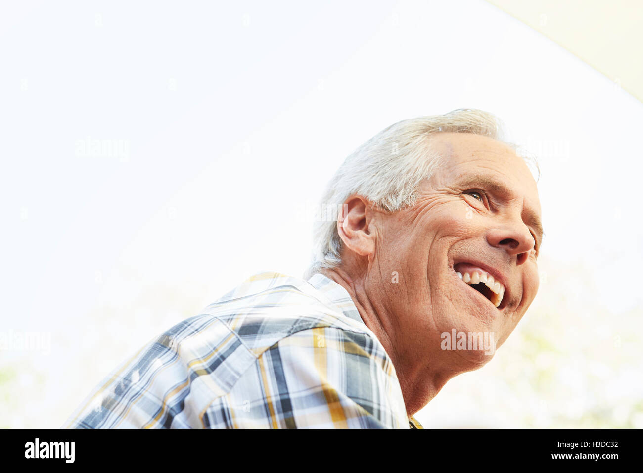 Senior sorridente uomo con i capelli grigi seduti all'aperto. Foto Stock