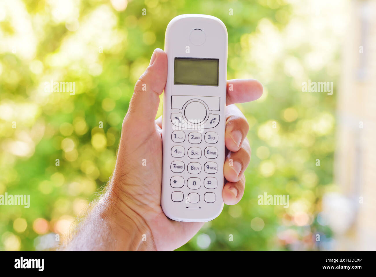 Maschio di mano azienda cordless telefono di rete fissa il ricevitore all'aperto il fuoco selettivo Foto Stock