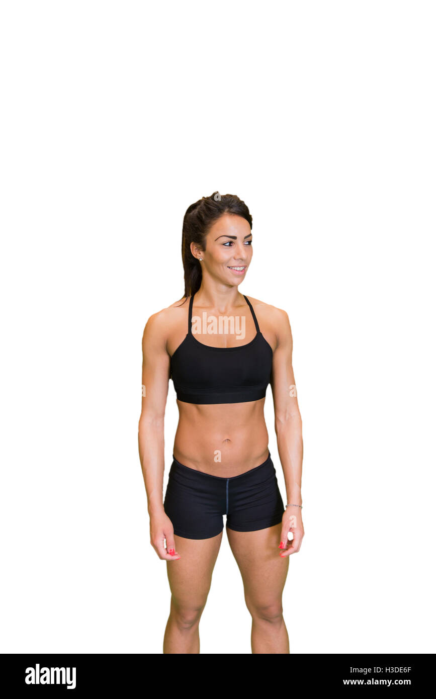 Sportivo fitness giovane donna isolato su bianco Foto Stock