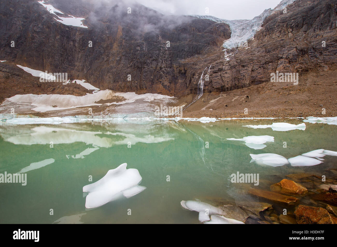 Splendido Lago Angelo formata dall'acqua di fusione del Angel Glacier, preso nel Parco Nazionale di Jasper, Canada, Agosto 2016. Foto Stock