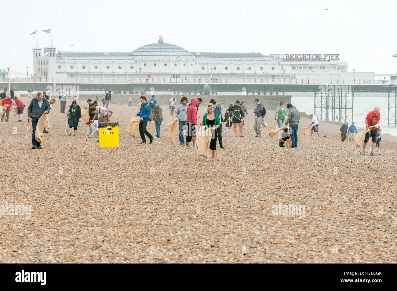 I volontari hanno risposto al consiglio di Brighton la chiamata per volontari per aiutare a ripulire la città la spiaggia dopo un sacco di daytrippers Foto Stock