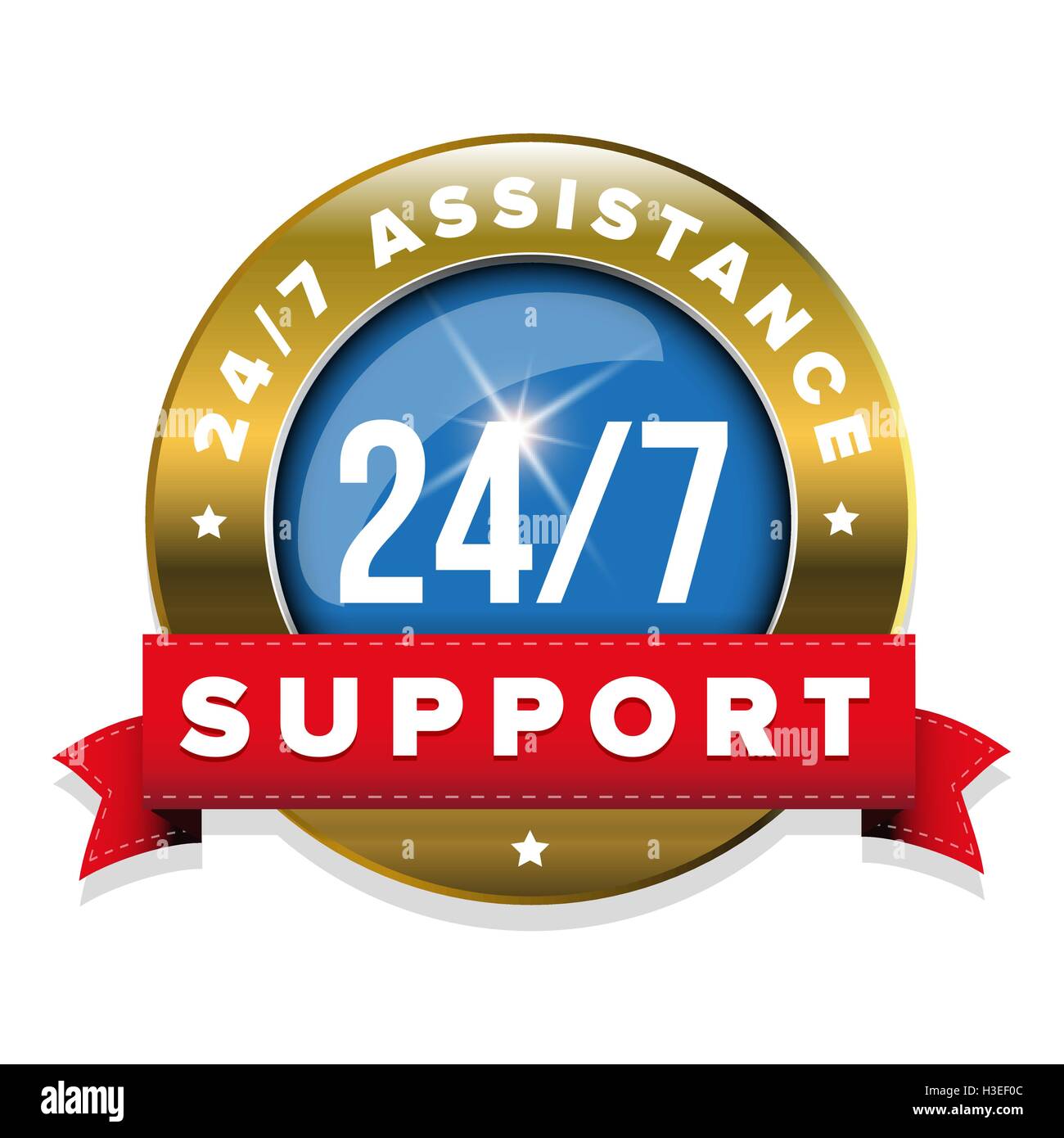 24/7 blue badge di supporto con nastro e confine goldl Illustrazione Vettoriale