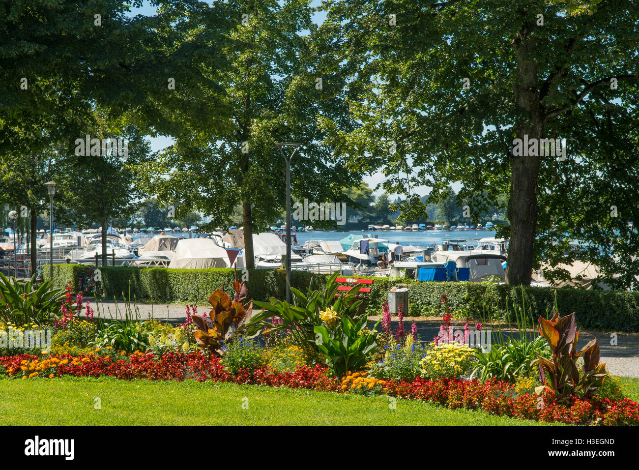 Giardini in riva al lago, Lindau, Baviera, Germania Foto Stock