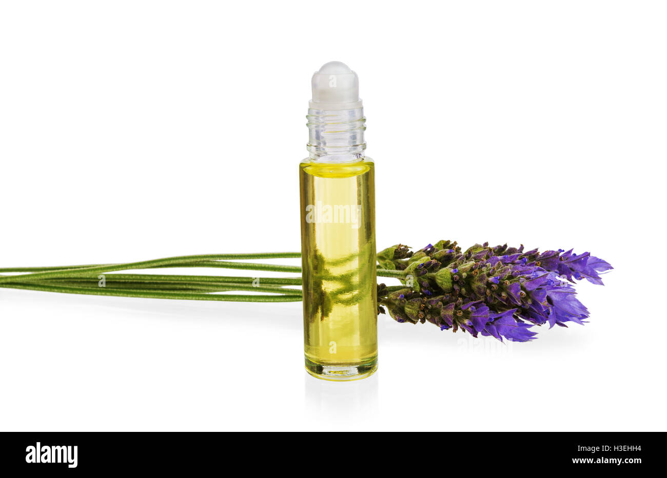 Olio essenziale e freschi di fiori di lavanda in aromaterapia naturale isolato su sfondo bianco Foto Stock