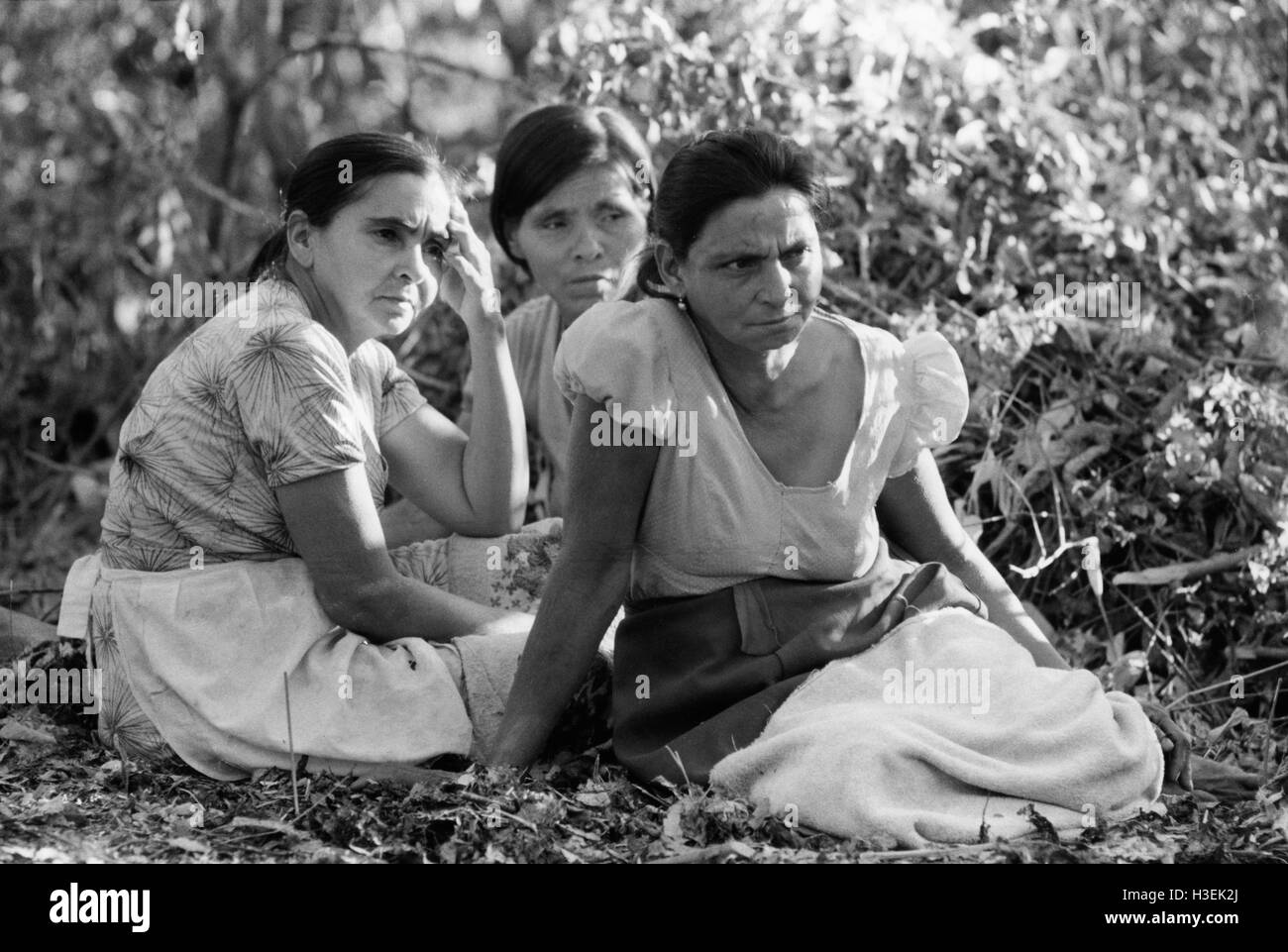 GUAZAPA, EL SALVADOR, FEB 1984: - - FPL zone di controllo - gli uomini nella Milizia Popolar su parade dopo un colloquio con le donne di convincerli a iscriversi. Foto Stock