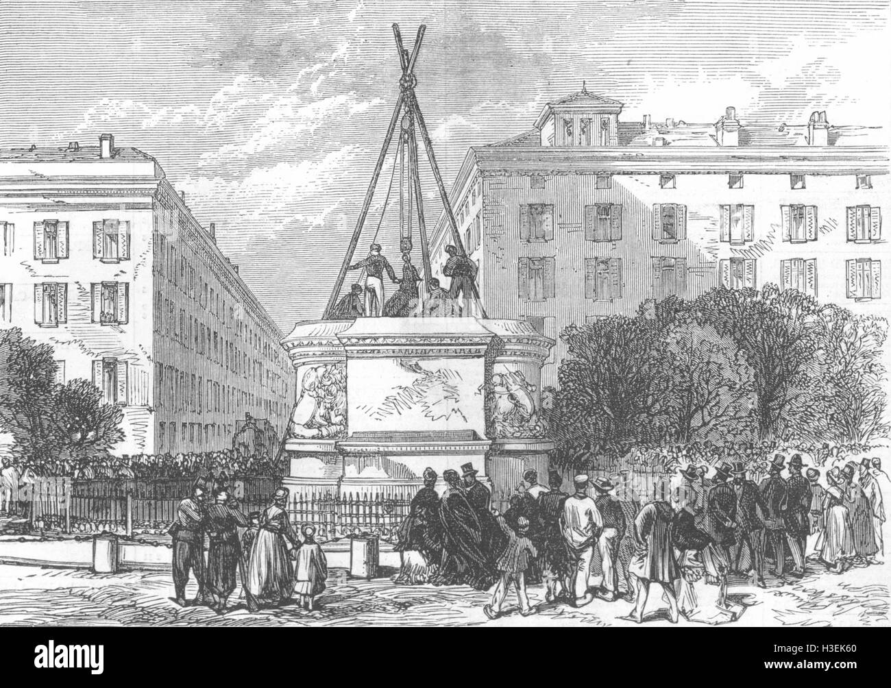 Francia La rimozione della statua di Napoleone I a Lione 1870. Il grafico Foto Stock