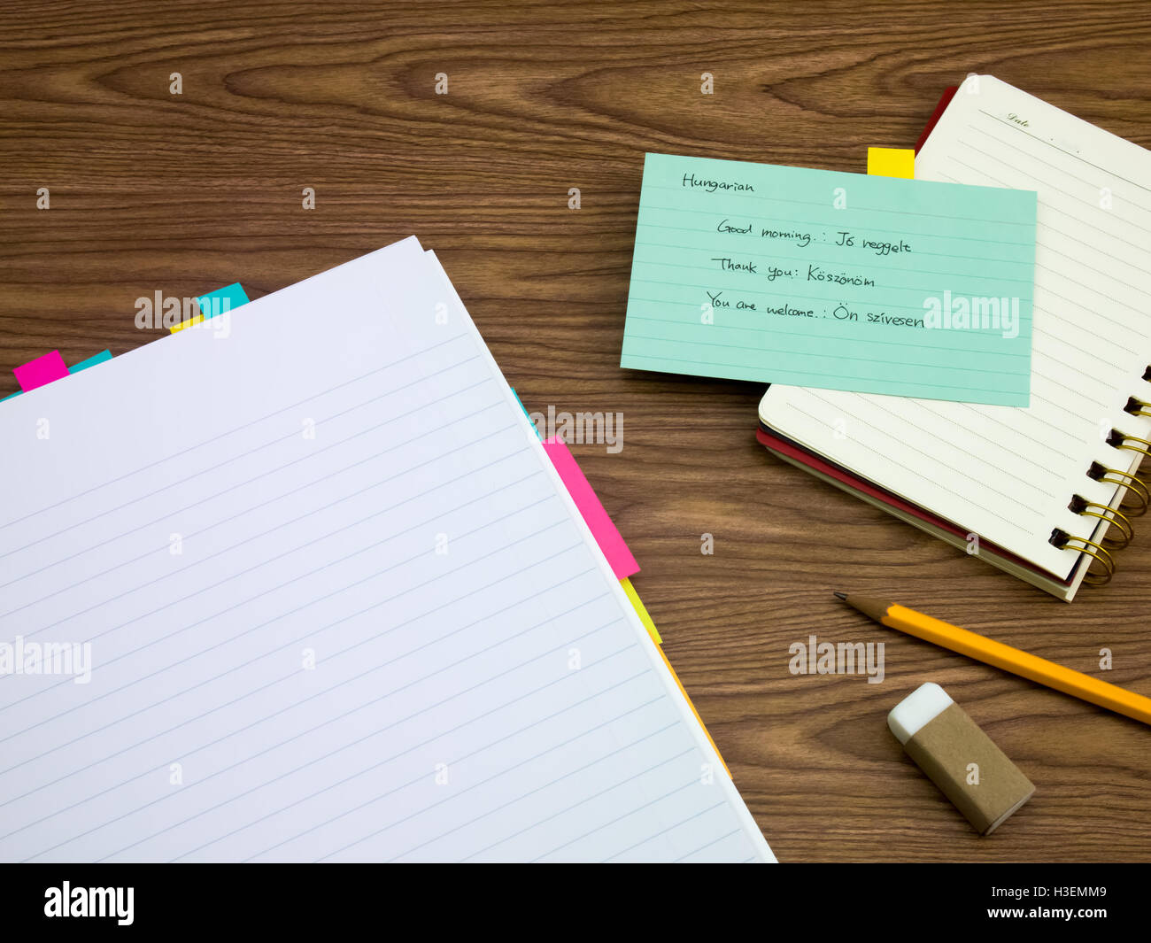 Ungherese; imparare una nuova lingua scrittura di parole sul notebook Foto Stock