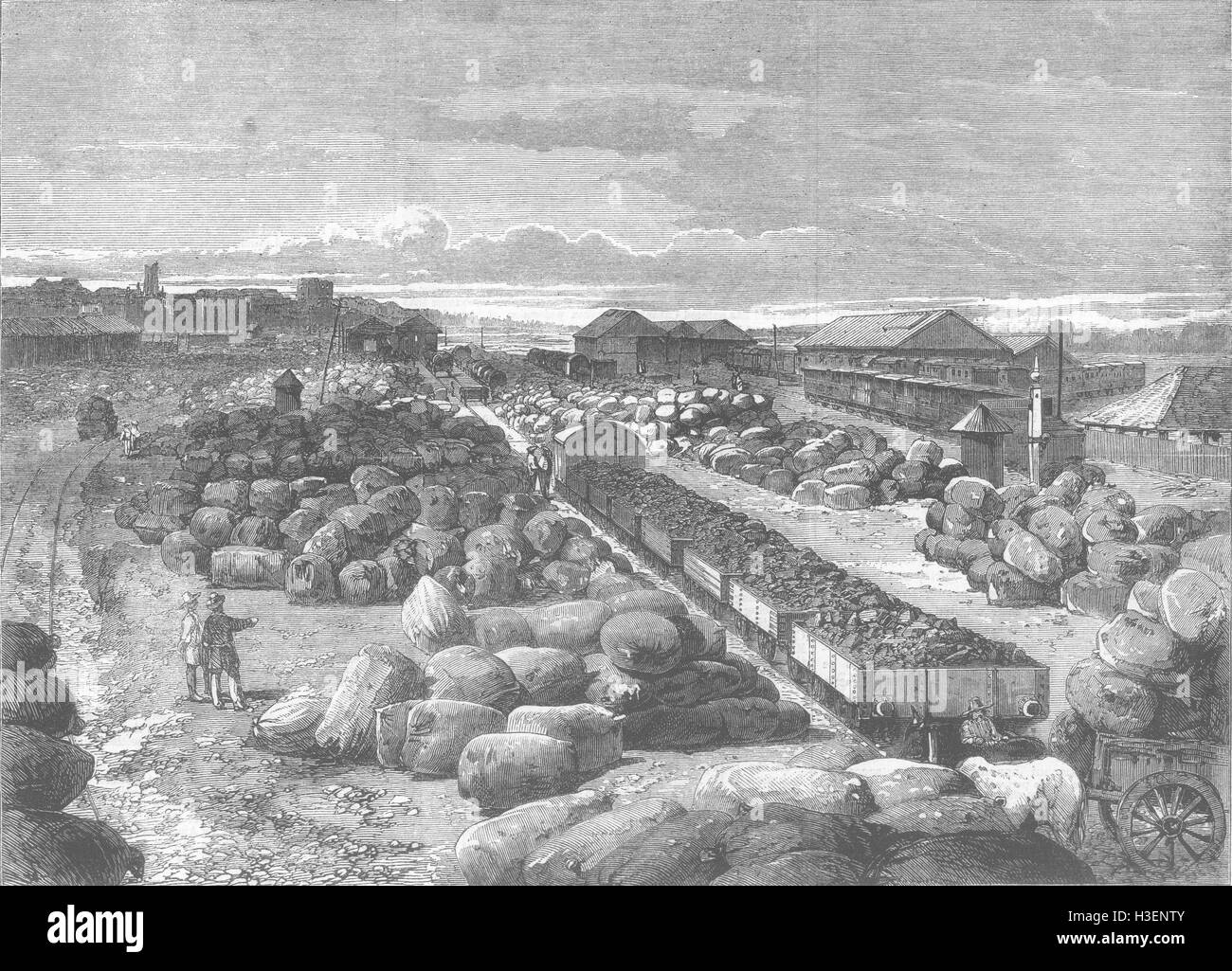 In India le balle di cotone per l'esportazione, stazione di Mumbai nel 1862. Illustrated London News Foto Stock