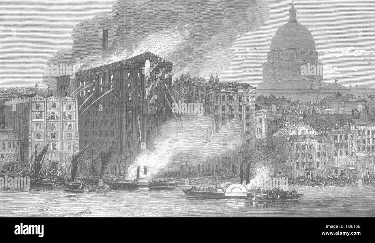 Londra il fuoco in città mulini per farina, Upper Thames St 1872. Illustrated London News Foto Stock