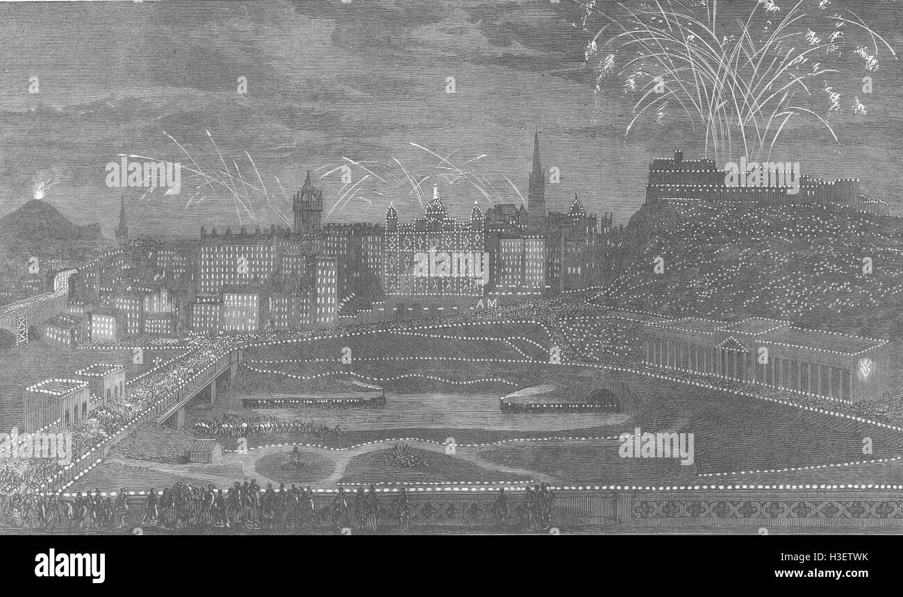 Scozia Edimburgo illuminato, fuochi d'artificio 1874. Illustrated London News Foto Stock