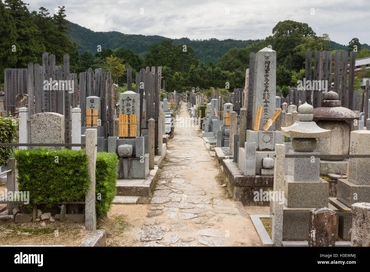 Vista lungo il vicolo centrale sul cimitero buddista. Foto Stock