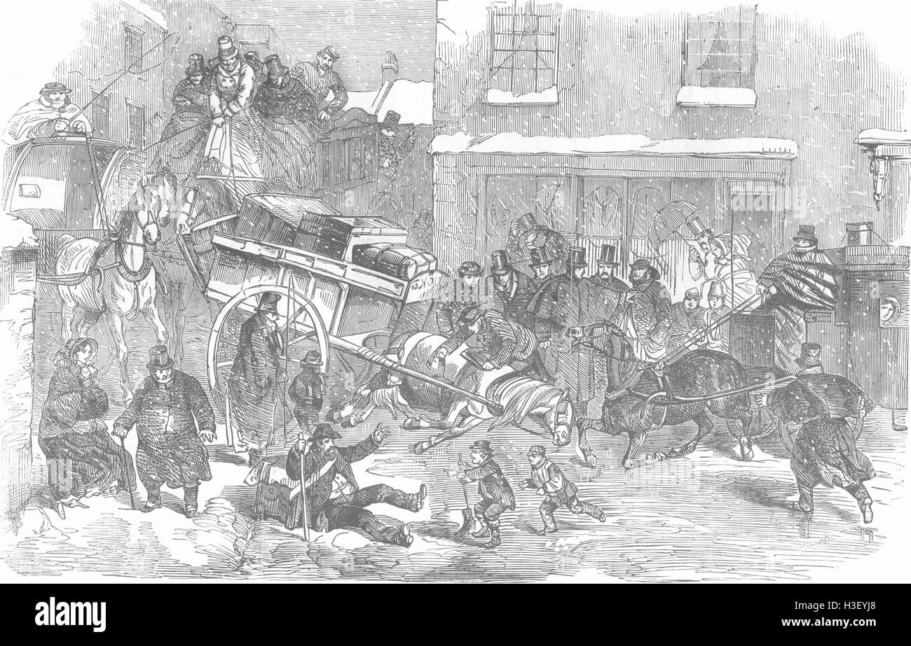 Città di neve. I cavalli. Carrelli. La società 1855. Illustrated London News Foto Stock