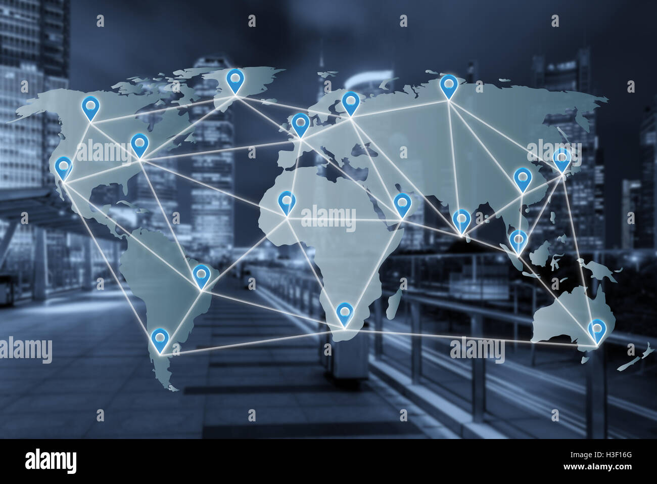 Mappa pin piatto sopra rete mappa del mondo con una rete di connessione di linea di partenariato. Connessione di rete il concetto di partenariato. Elementi Foto Stock