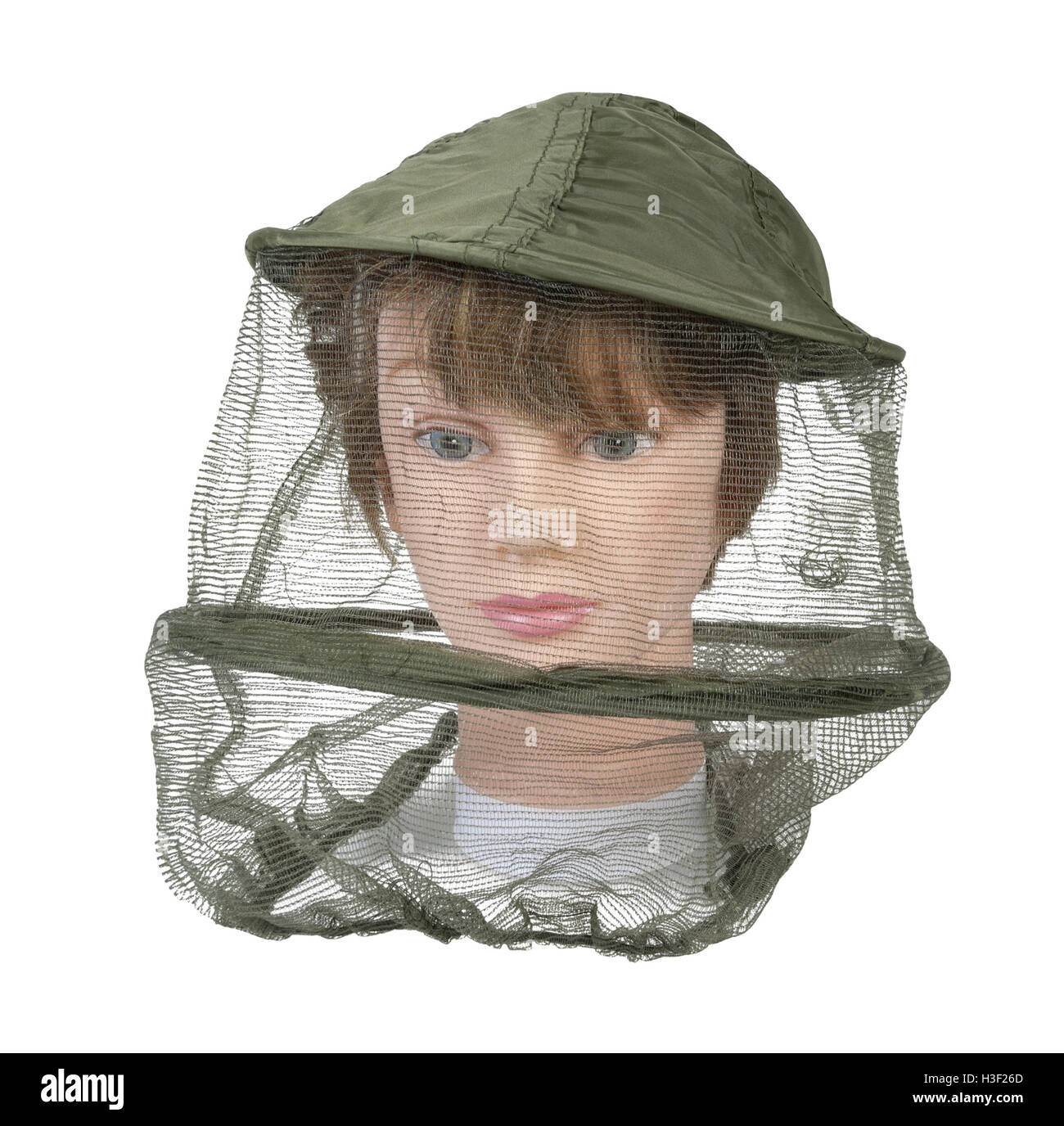 Indossando un bee keeper hat per tenere api e di altri insetti fuori della faccia della persona - percorso incluso Foto Stock