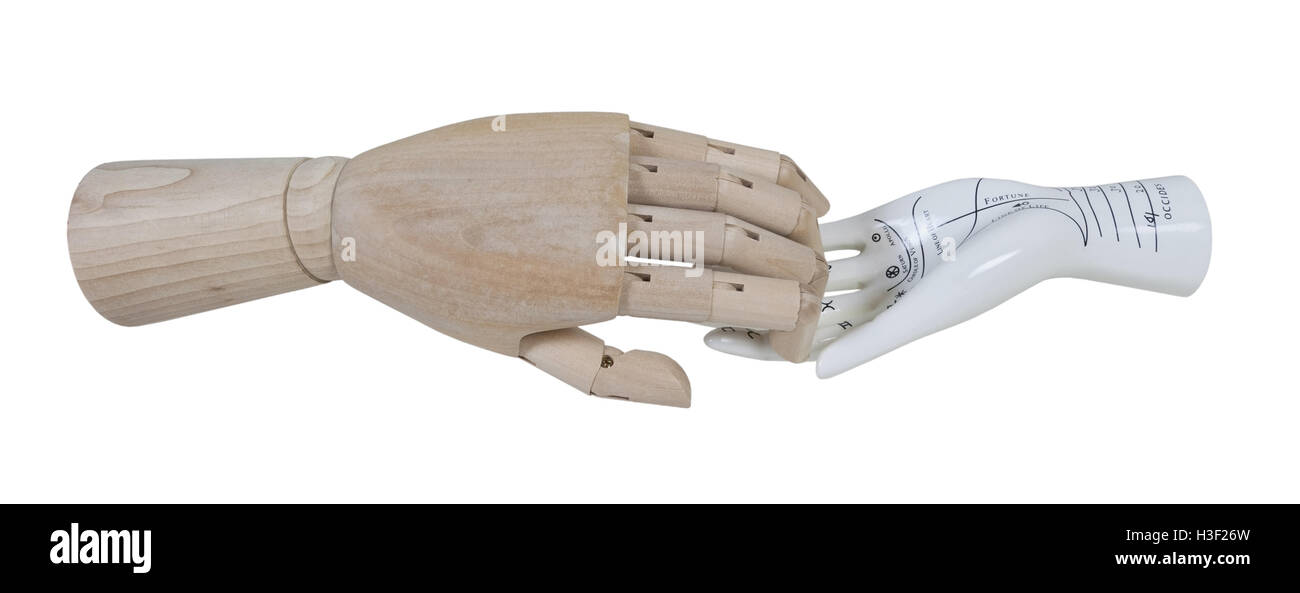 Una mano di legno con una ceramica palm lettura modello a mano - percorso incluso Foto Stock