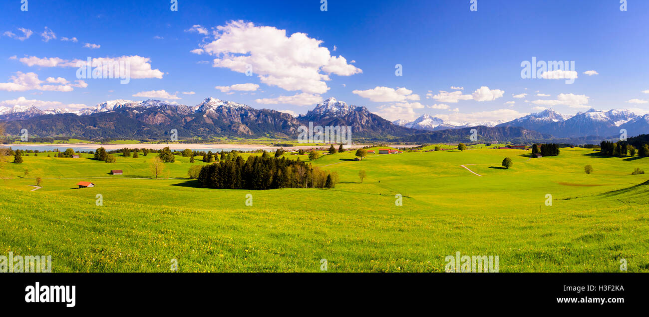 Panorama del paesaggio in Baviera con il lago e le montagne delle Alpi Foto Stock