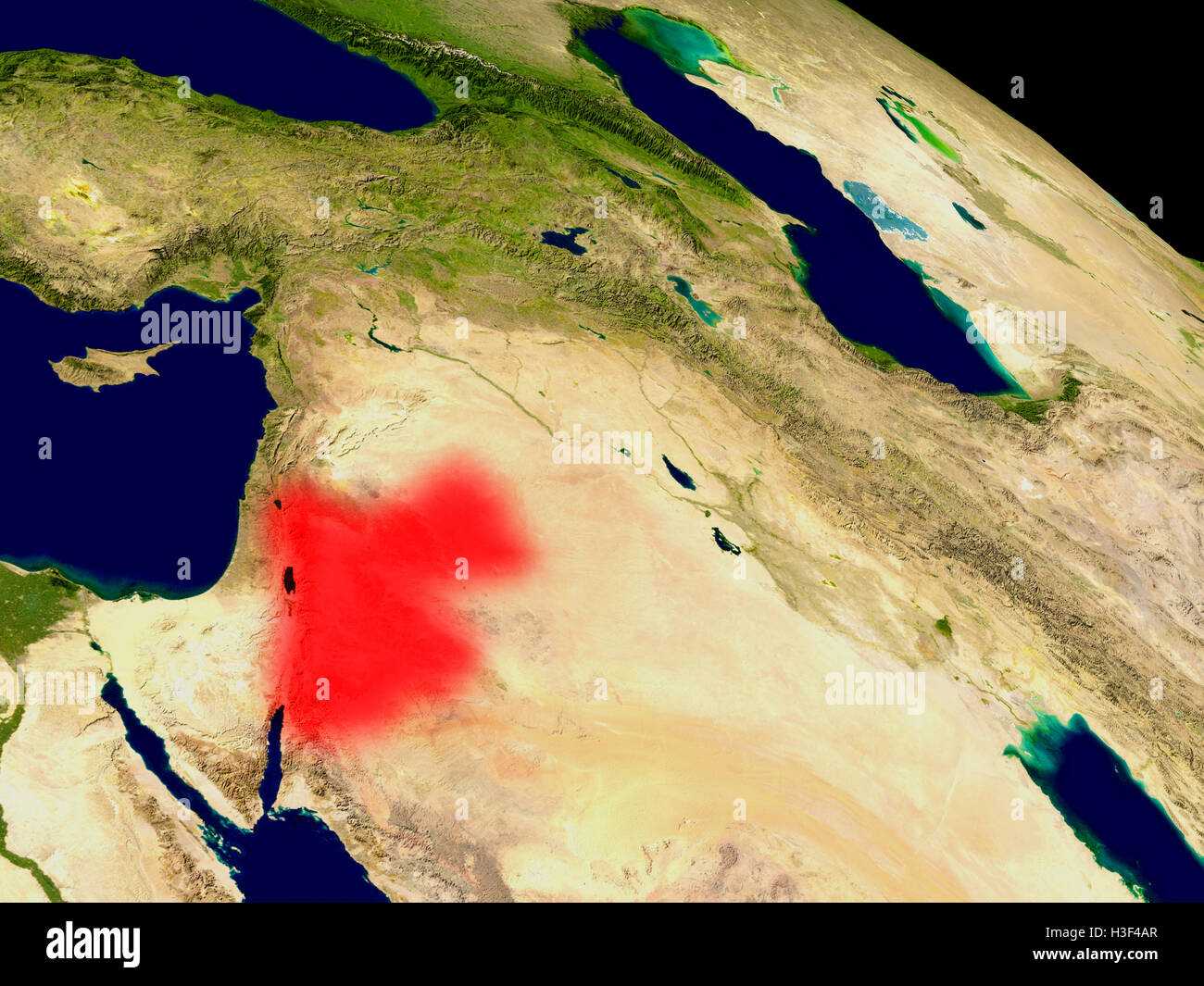 La Giordania dallo spazio in rosso. 3D illustrazione con altamente dettagliata pianeta realistico superficie. Gli elementi di questa immagine fornita dal NAS Foto Stock