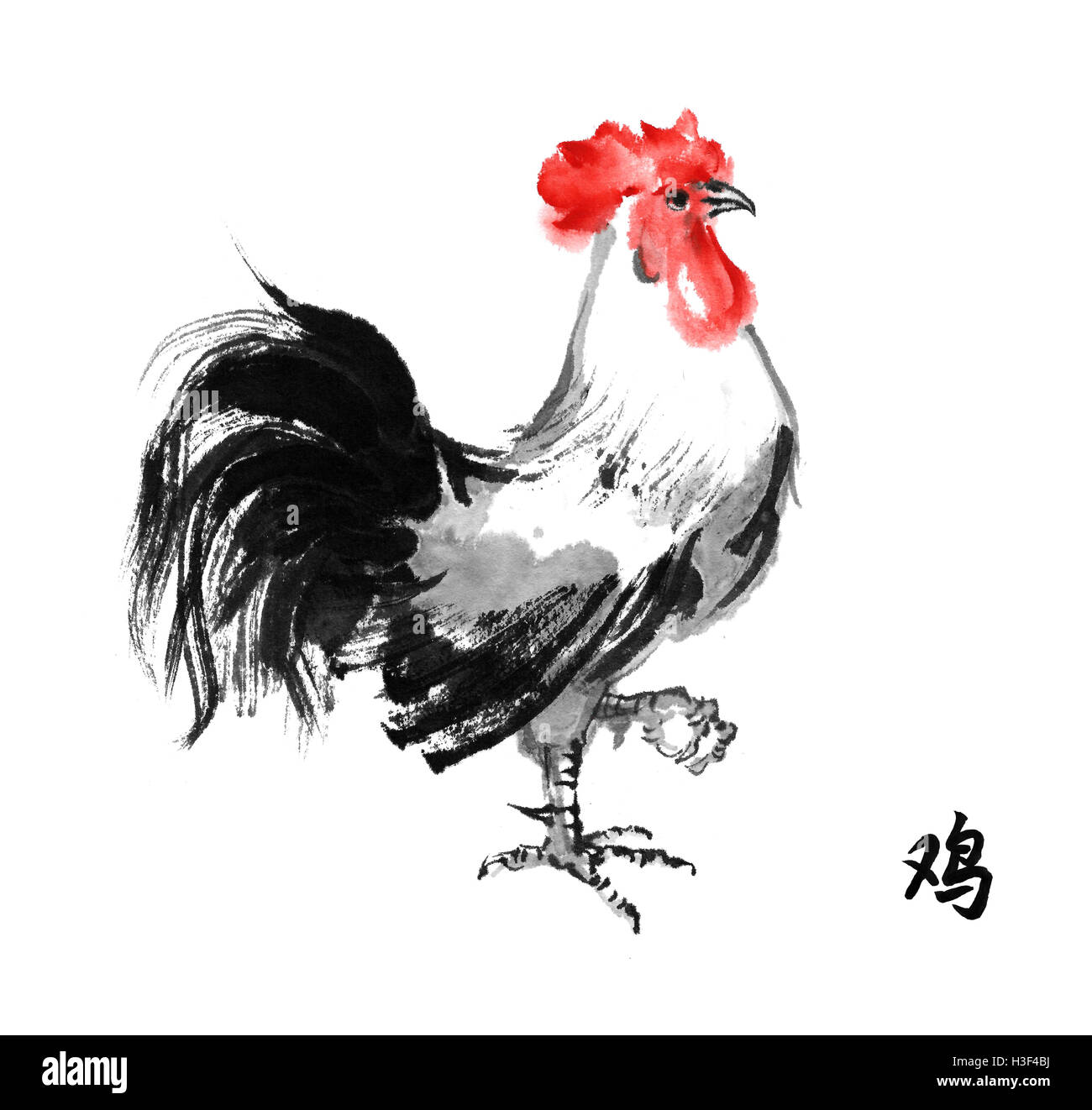 La Rooster, inchiostro orientali pittura con hieroglyph "gallo". Sumi-e illustrazione. Simbolo del nuovo anno cinese di gallo. Foto Stock