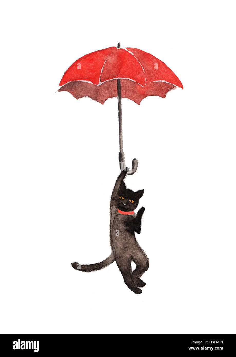 Disegnata a mano acquerello gatto nero con rosso ombrello Foto stock - Alamy