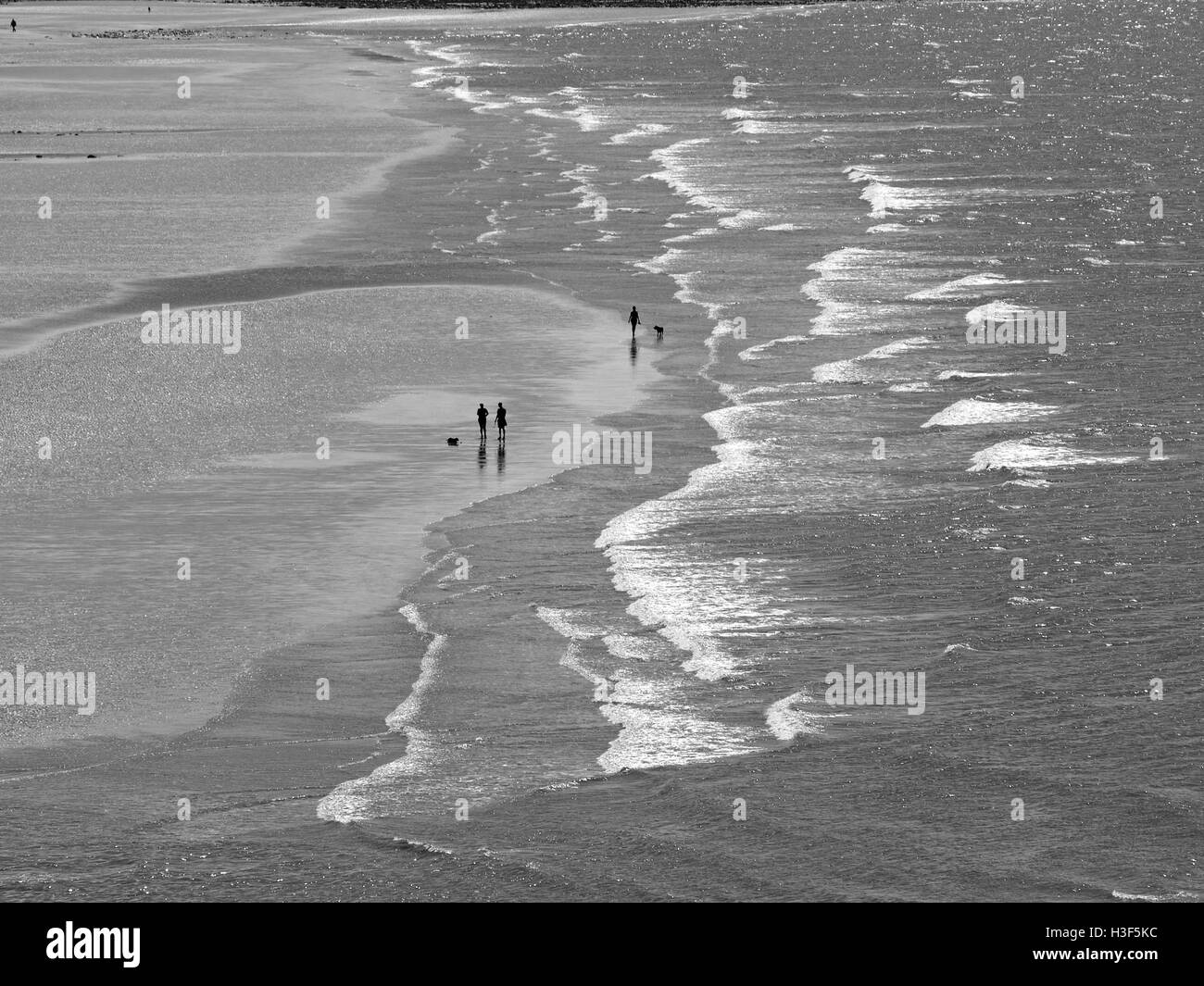 Guardando verso il basso in corrispondenza di dog-walkers sul Beach di St api Cumbria con onde che si infrangono sulla riva pittoresca in bianco e nero Foto Stock