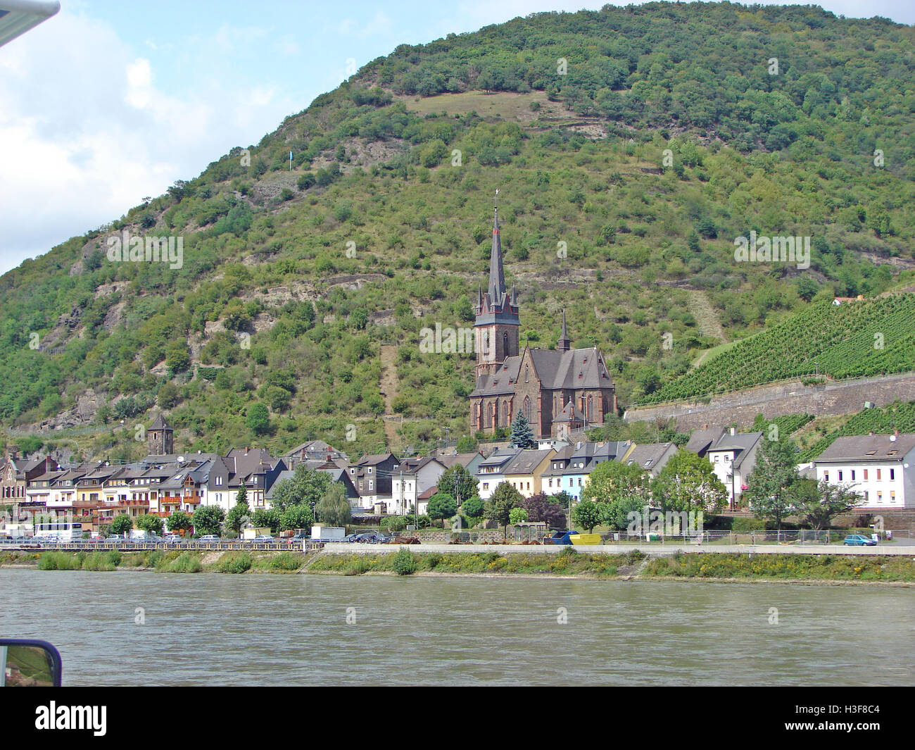 Il villaggio di Lorchhausen visto dal Fiume Reno Foto Stock