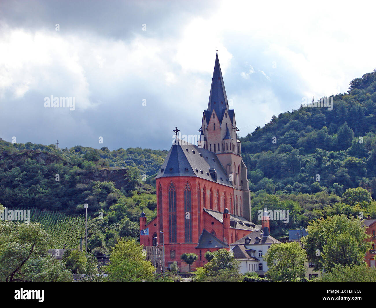 Saint Martin's Chiesa cattolica come si vede dal Fiume Reno Foto Stock